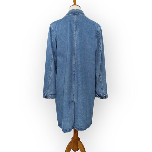 Denim & Co Long Blue Denim Jacket Chore Barn Duster Size Medium Button Front - Picture 11 of 14